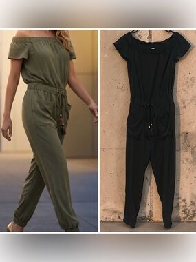 MICHAEL Michael Kors Black Off-The Shoulder Drawstring Jumpsuit Size XS